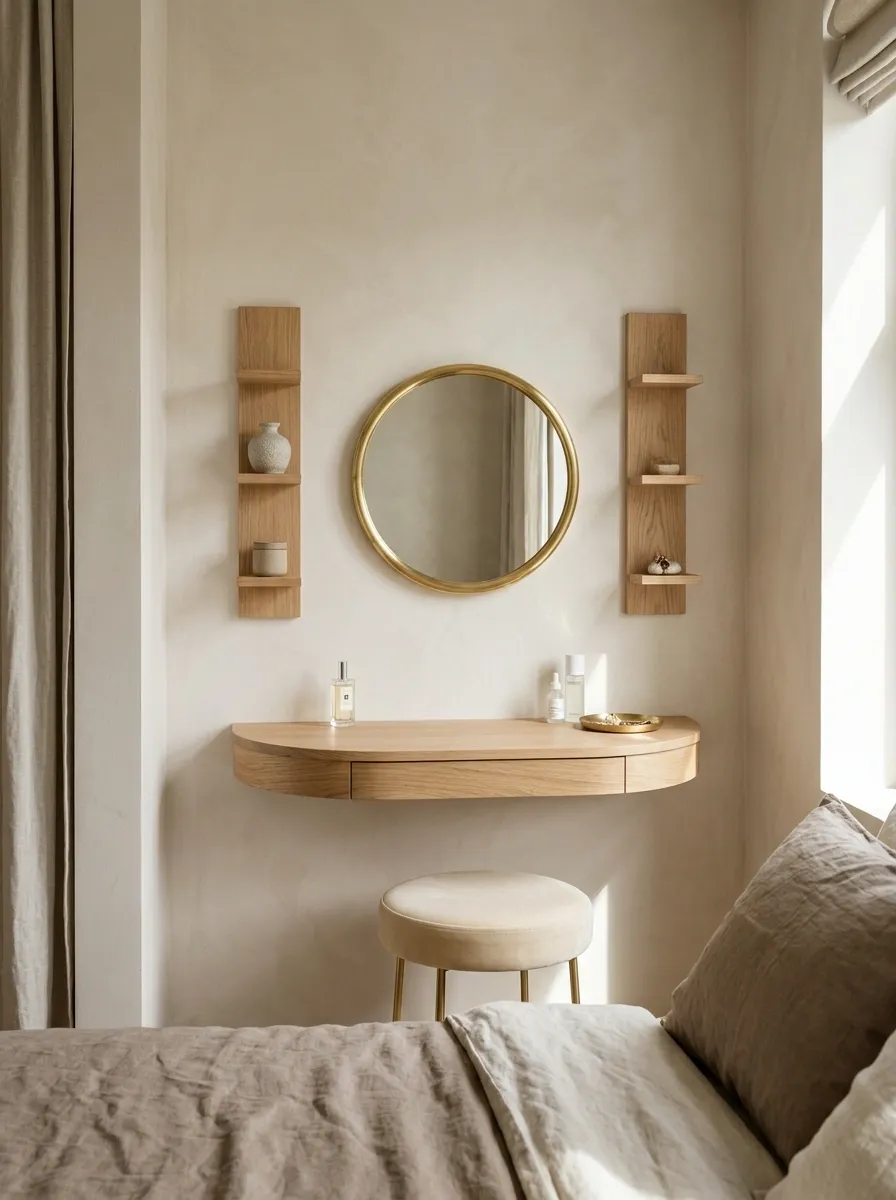Tiny Corner Vanity With a Narrow Crescent Table