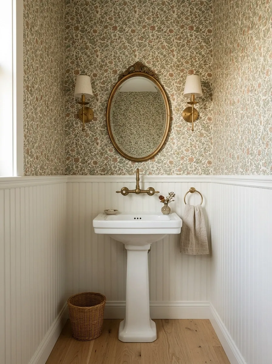 Tiny Farmhouse Powder Room With Beadboard and Vintage Wallpaper