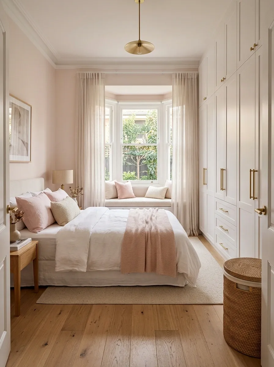 Tiny Girly Bedroom With Built-In Storage and a Window Seat