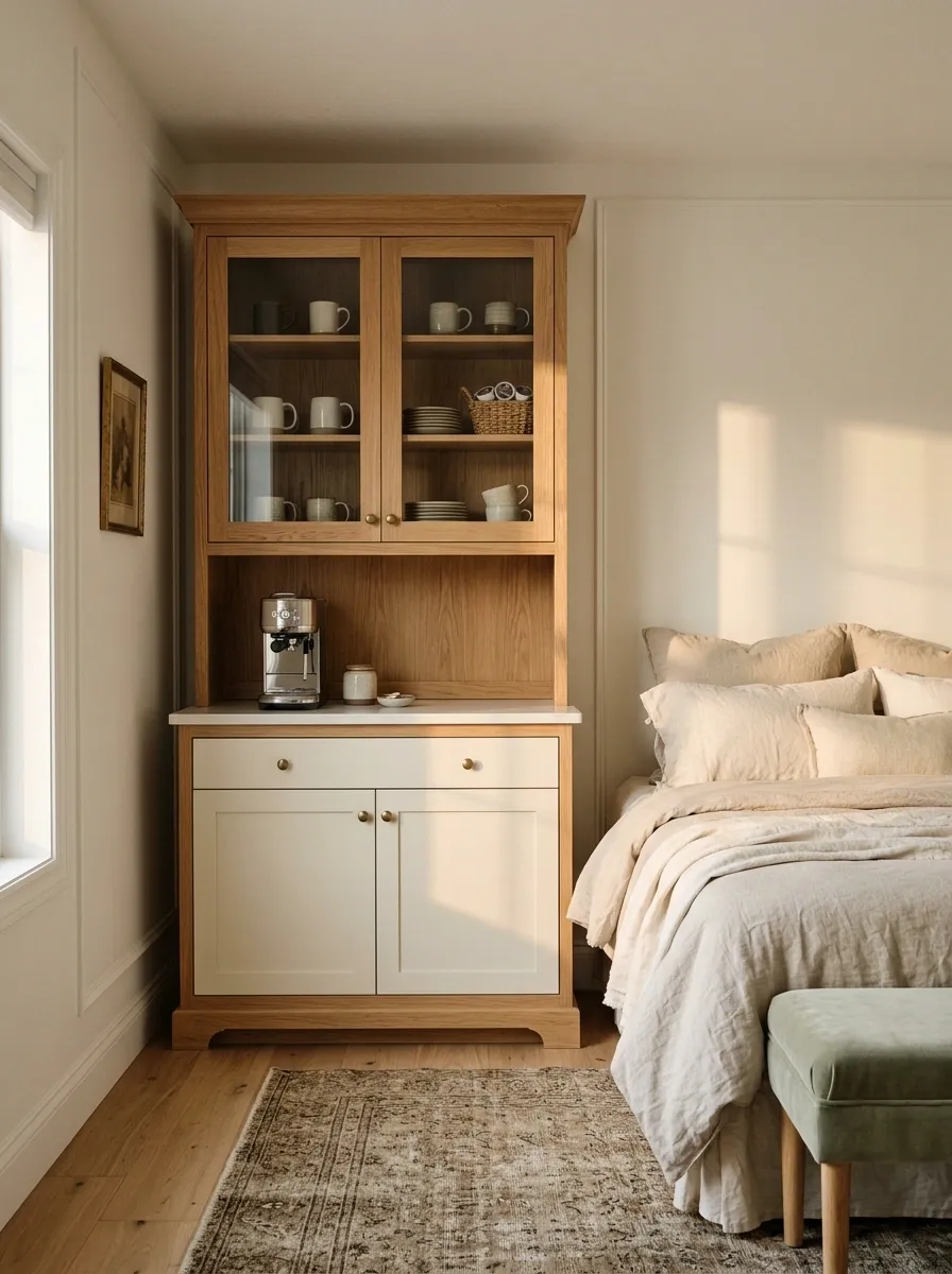 Tiny Guest Bedroom With a Self-Contained Coffee Hutch