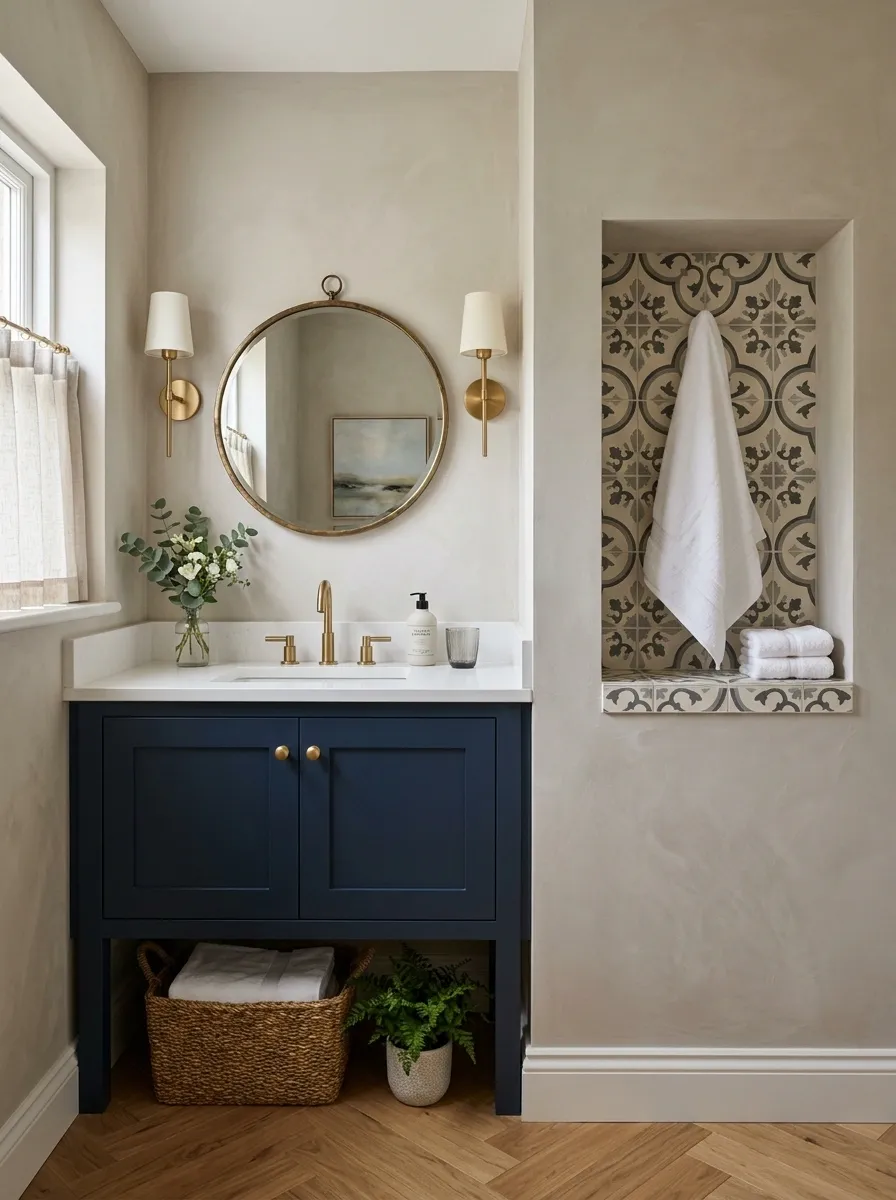 Tiny Powder Room With a Decorative Towel Niche