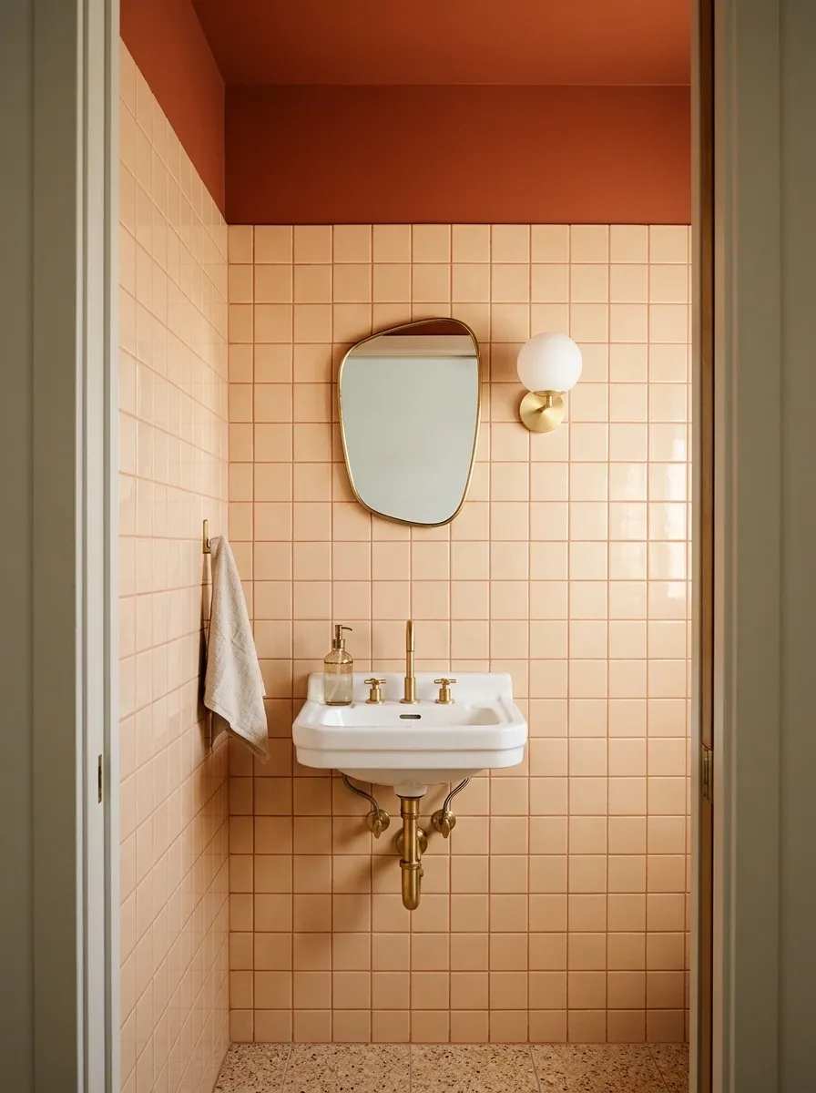 Tiny Powder Room With a Wall Basin and a Bold Ceiling Color