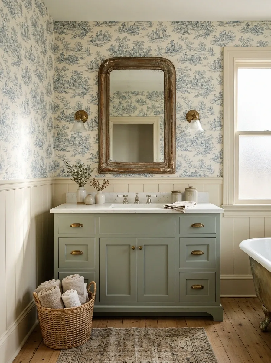Toile Wallpaper With Cream Wainscoting and Traditional Fixtures