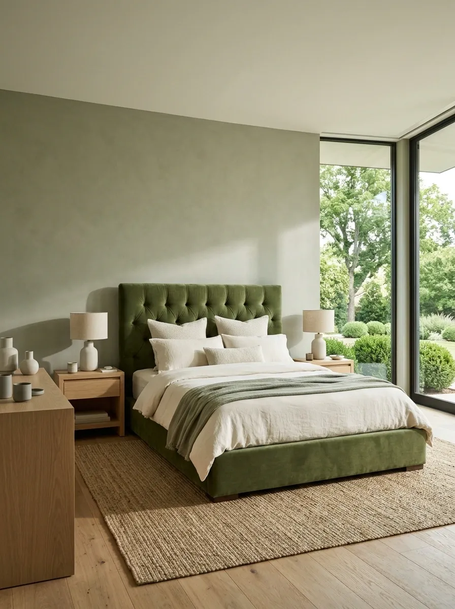 Tonal Green Bedroom With Garden Views and Natural Wood