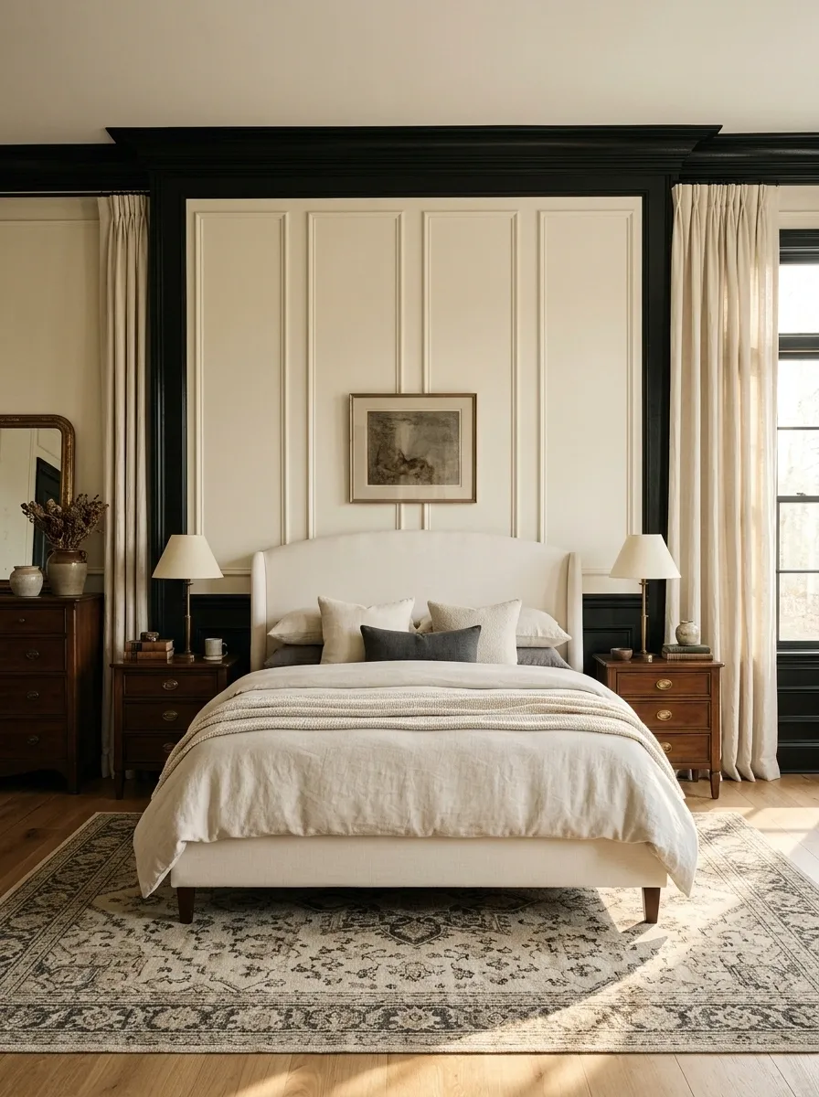 Traditional Bedroom With Black Woodwork and Ivory Four-Panel Walls