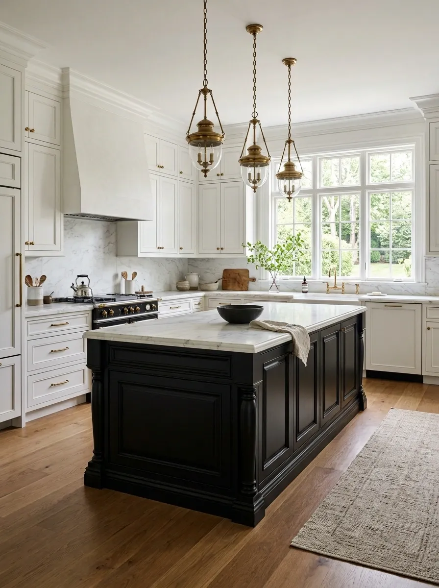 Traditional Black Island Kitchen With Inset White Cabinets