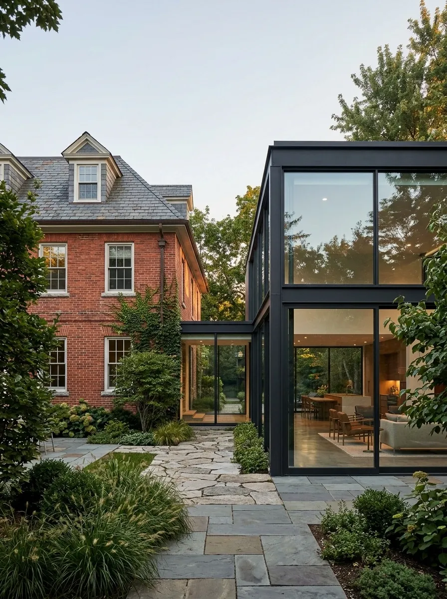 Traditional Brick Home Extended With a Modern Glass Addition