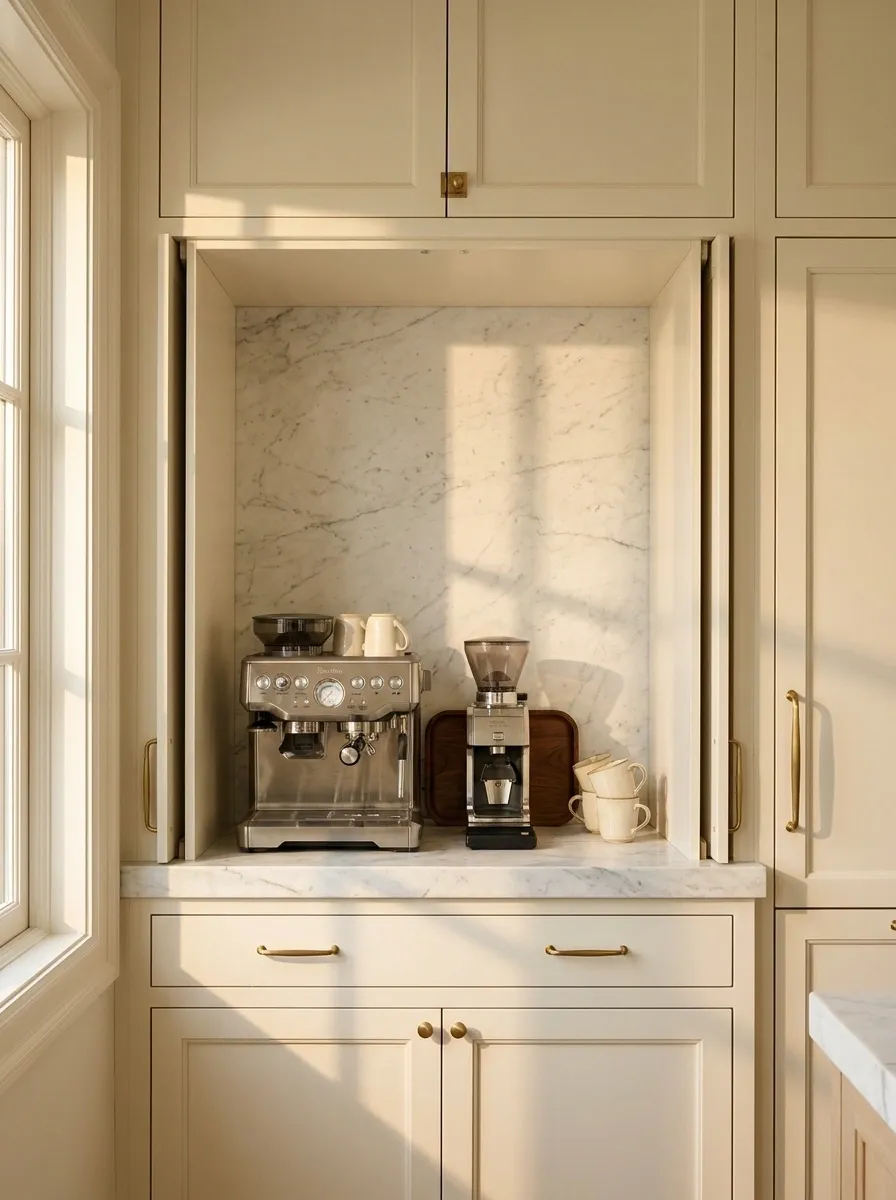 Traditional Coffee Alcove With Cream Cabinetry and Marble