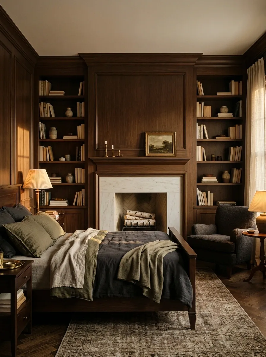 Traditional Dark Wood Bedroom With Marble Fireplace and Library Feel
