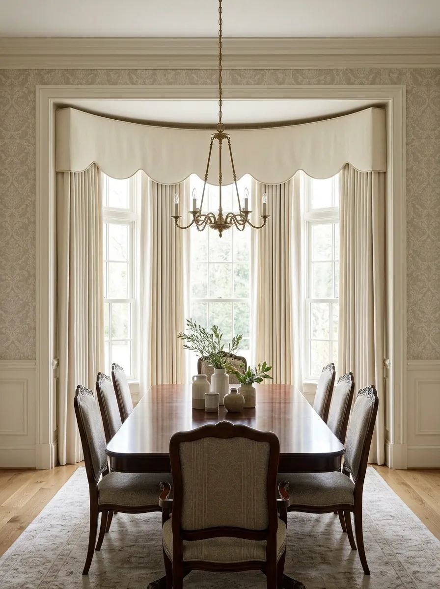 Traditional Dining Bay With a Scalloped Valance and Pleated Panels