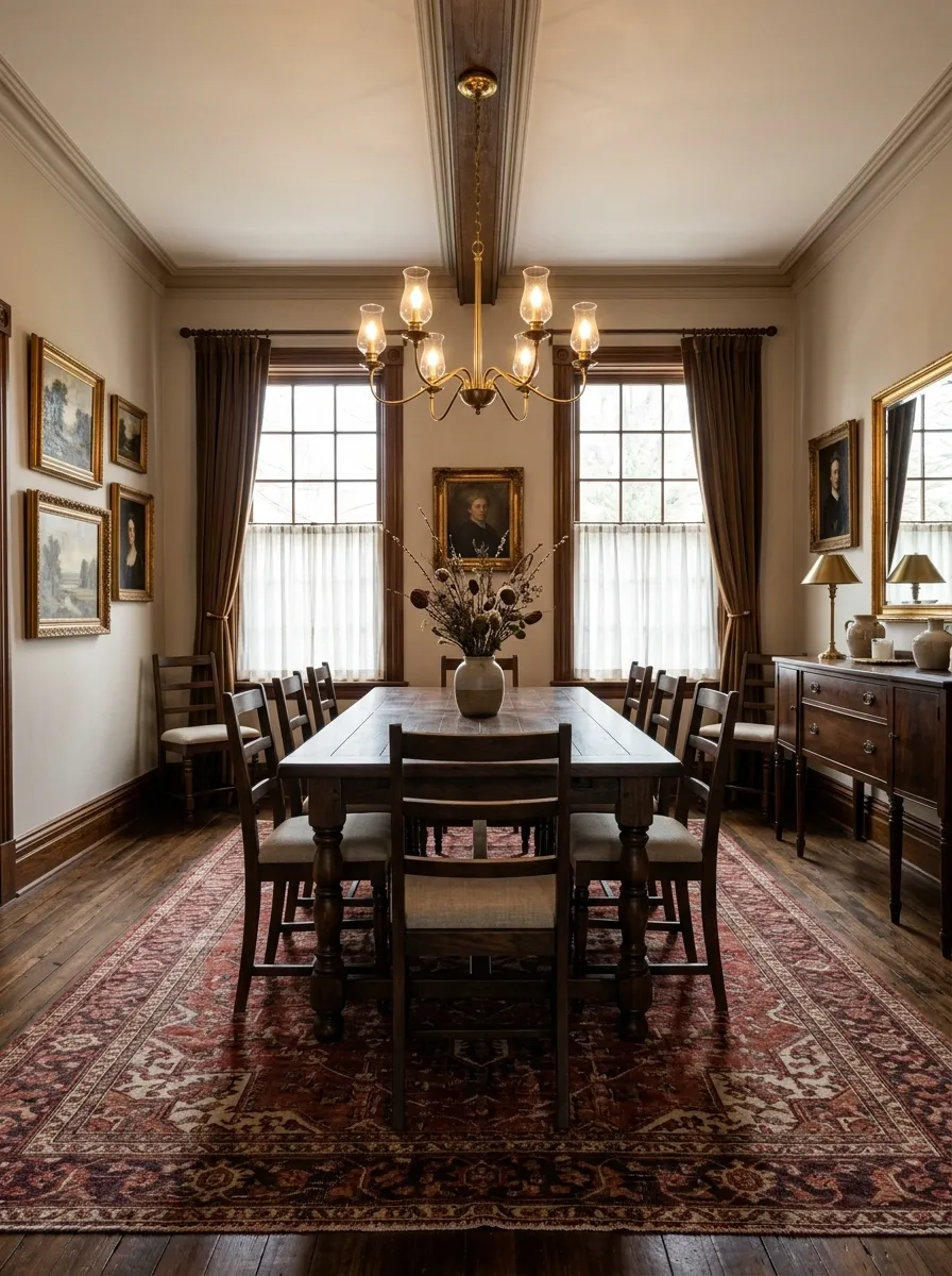 Traditional Dining Room With a Deep Red Rug