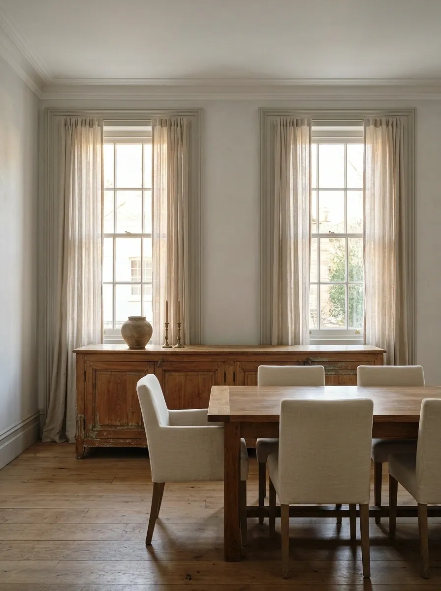 Traditional Dining Room With a Vintage Window-Wall Sideboard