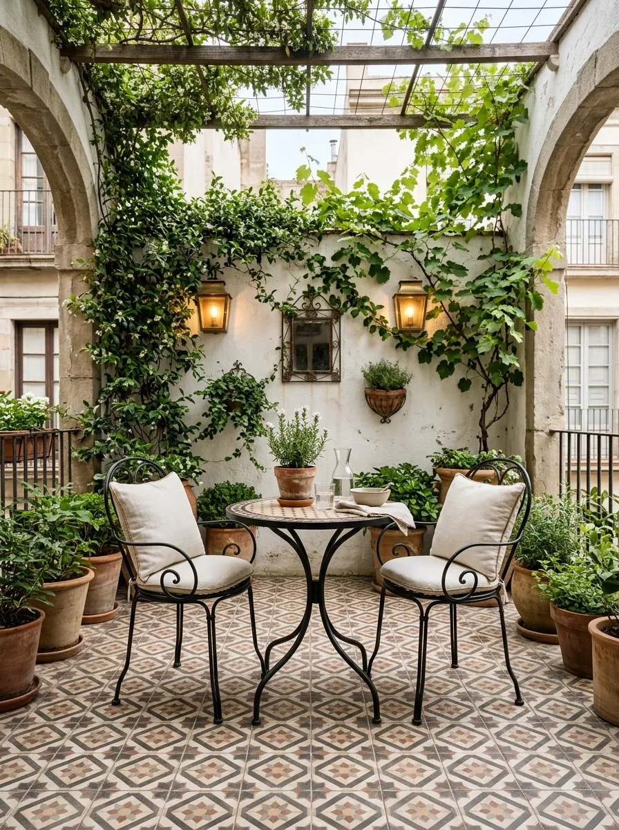 Traditional European-Style Patio With Iron Furniture and Patterned Tile