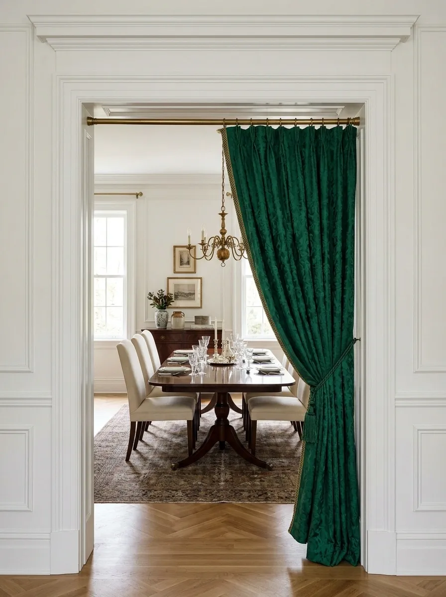 Traditional Fabric Portière With Decorative Trim in a Formal Dining Room