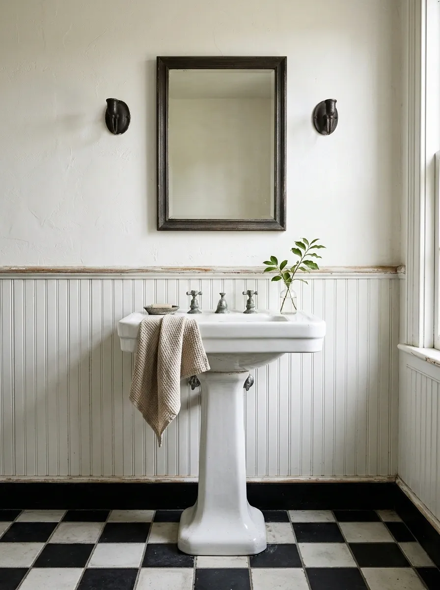 Traditional Farmhouse Bathroom With Beadboard and Checkerboard Floors