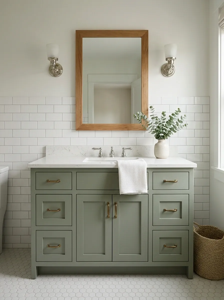 Traditional Farmhouse Bathroom With Hexagon Floors and Subway Tile
