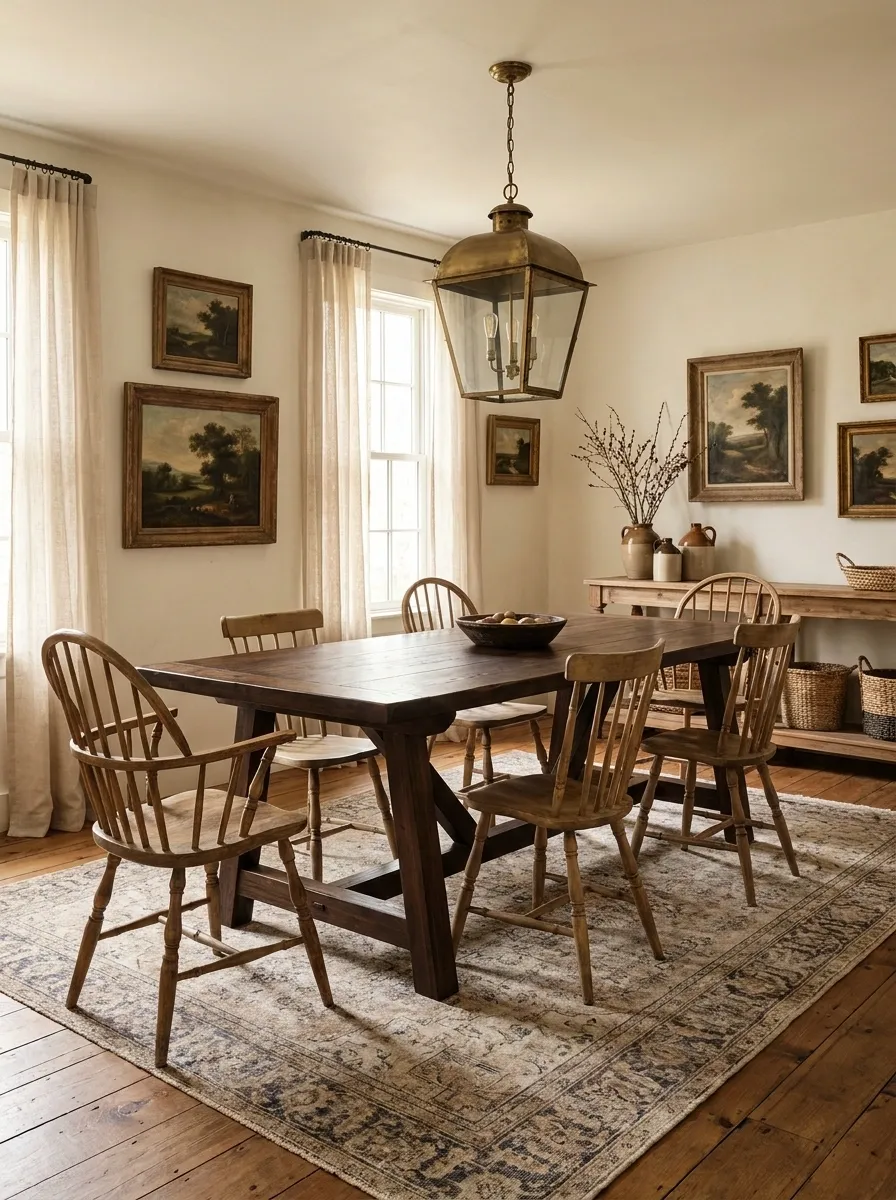 Traditional Farmhouse Dining Room With a Dark Wood Table