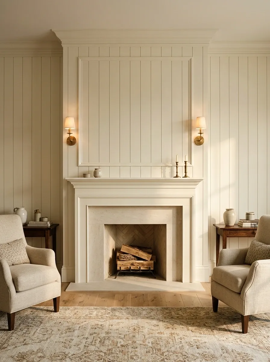 Traditional Ivory Shiplap Fireplace With Refined Millwork