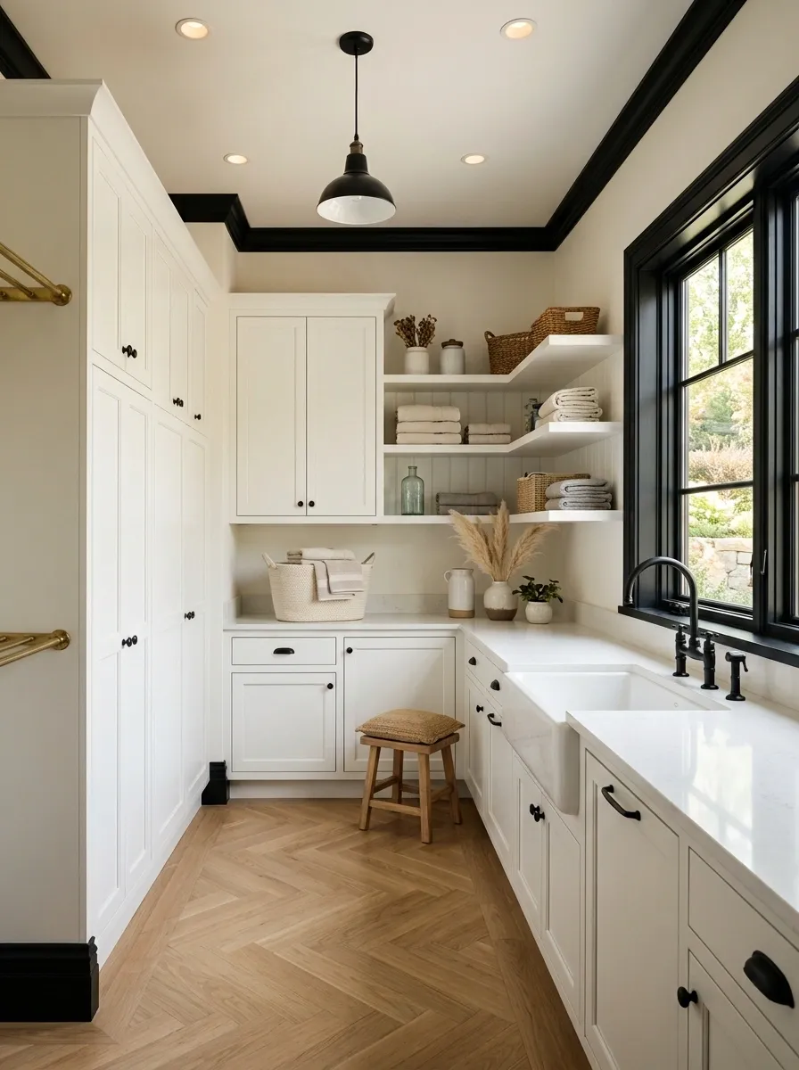 Traditional Laundry Room With Black Baseboards and White Cabinetry