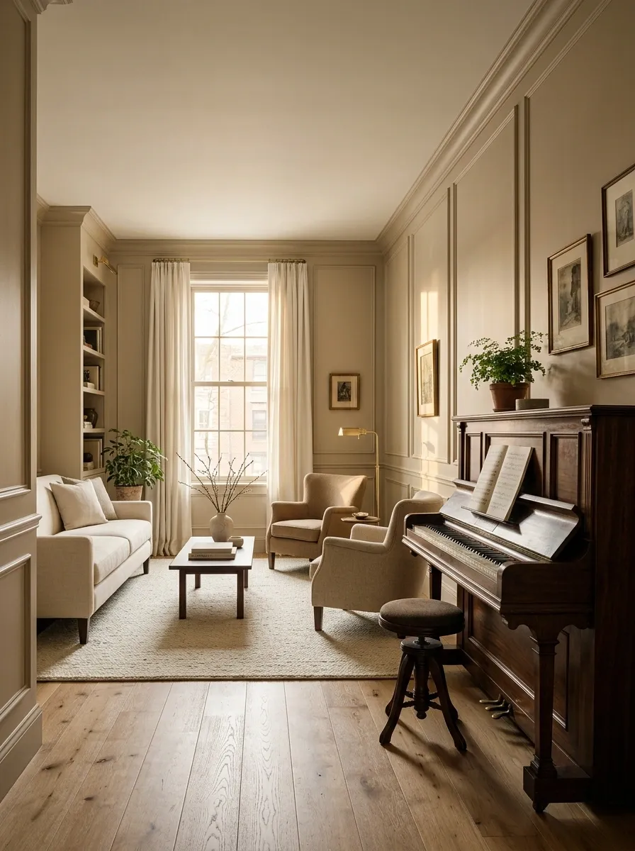Traditional Living Room With a Piano or Large Statement Piece