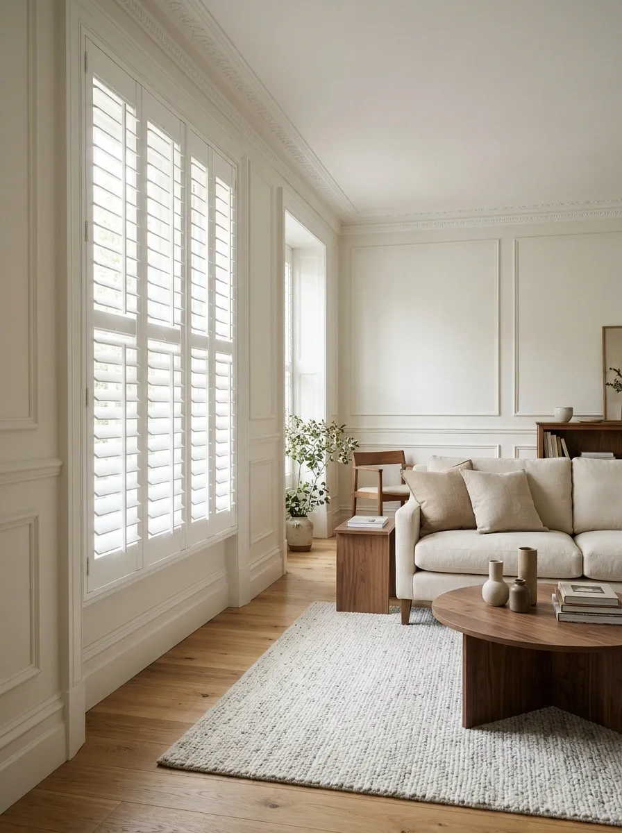 Traditional Living Room With Full-Height Plantation Shutters