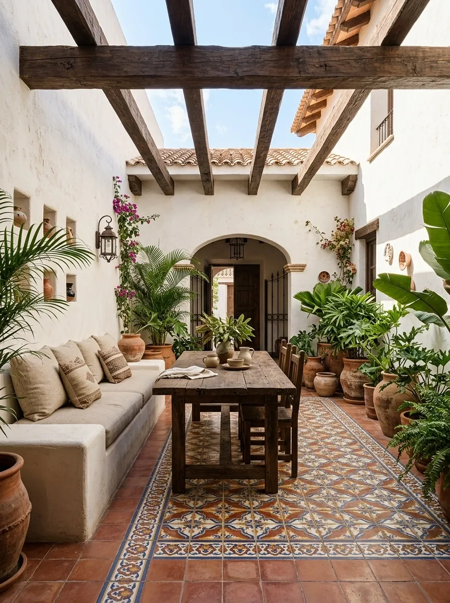 Traditional Mexican Courtyard With Patterned Tile and Timber Beams