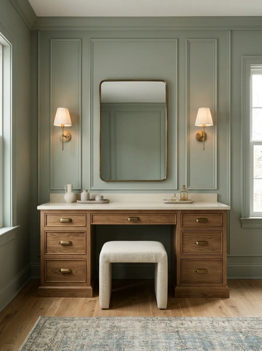Traditional Painted Vanity With Panel Molding and an Upholstered Bench