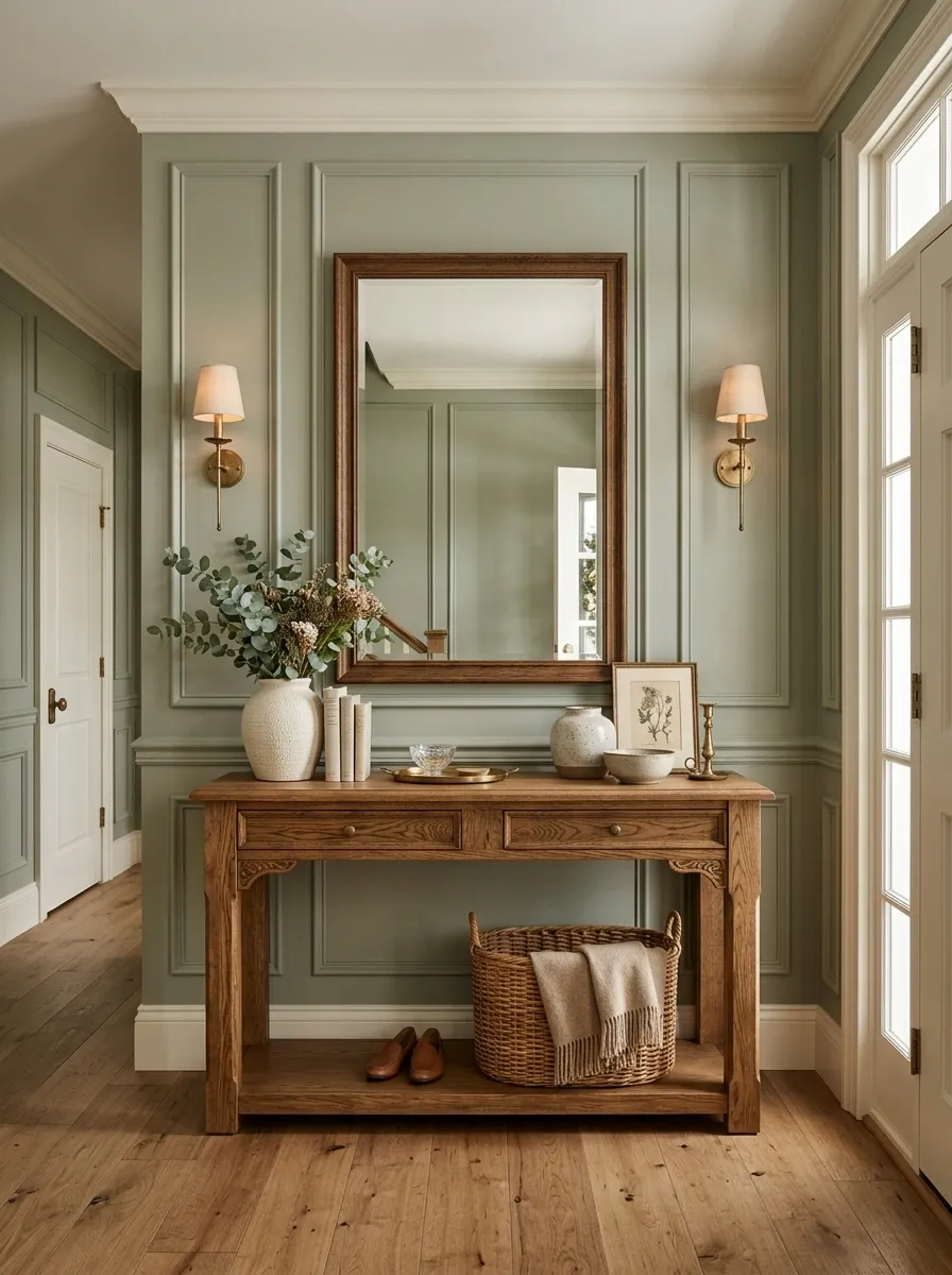 Traditional Sage Entryway With Panel Molding and Oak Console