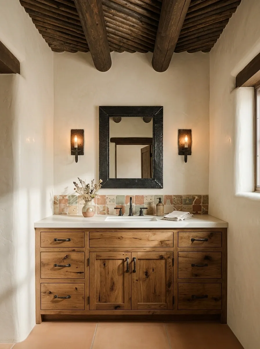Traditional Santa Fe Bathroom With Vigas and Handmade Tile