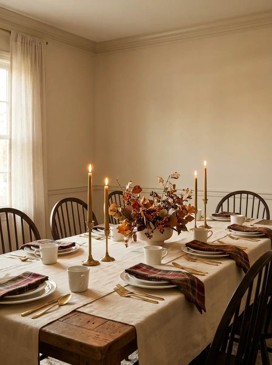 Traditional Thanksgiving Table With Plaid Napkins and Taper Candles