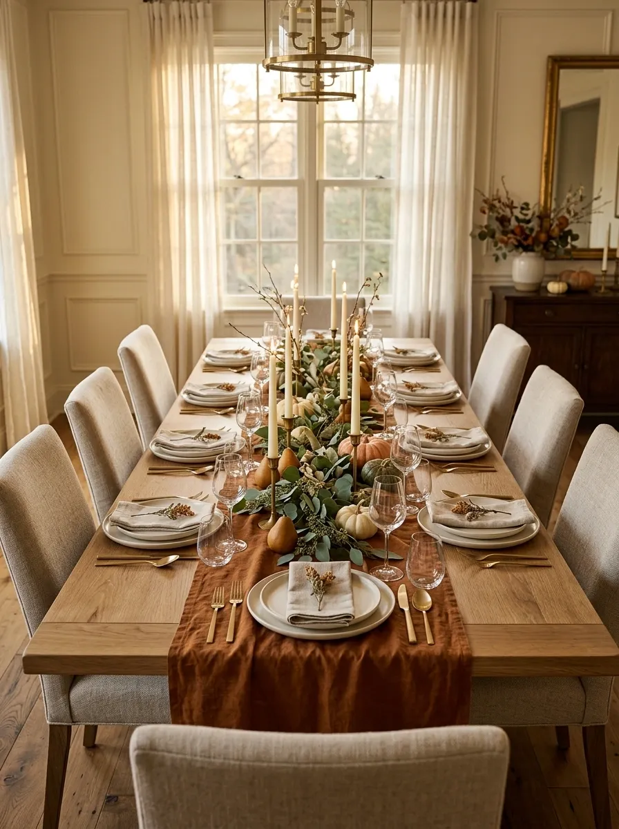 Traditional Thanksgiving Table With Rust Linen and Taper Candles