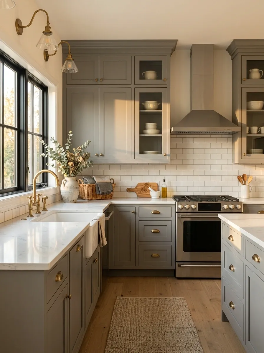 Transitional Gray Cabinets With Aged Brass