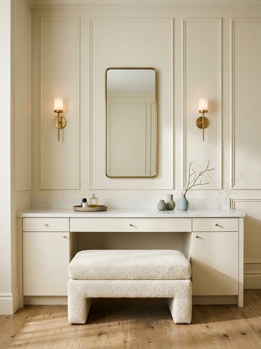 Transitional Vanity With Panel Molding and an Upholstered Bench
