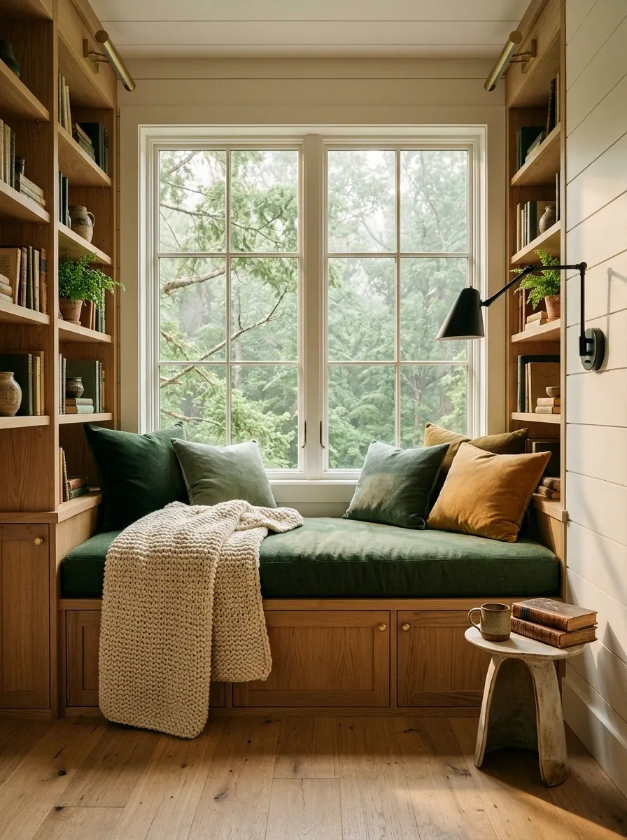 Treehouse Reading Corner With a Raised Window Seat and Low Shelving