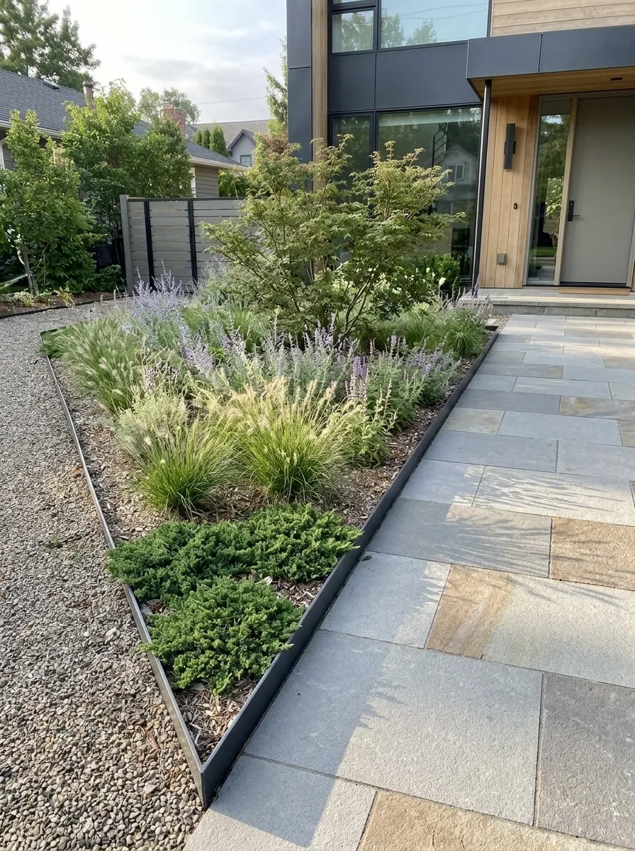 Triangular Front Garden With a Planted Wedge and Straight Entrance Route