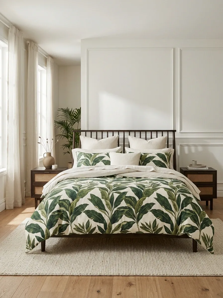 Tropical Botanical Bedding With Rattan and Dark Wood