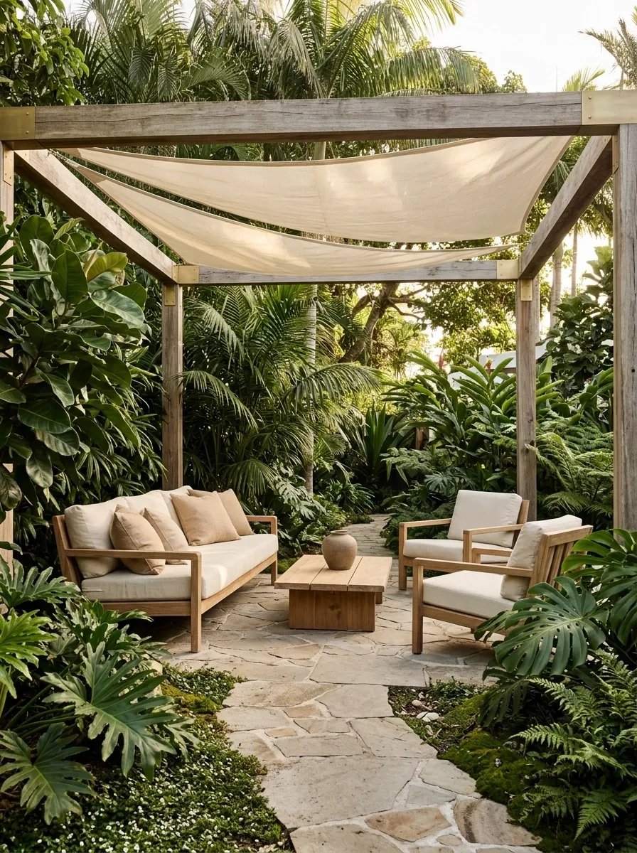 Tropical Garden Lounge With Canvas and Natural Timber