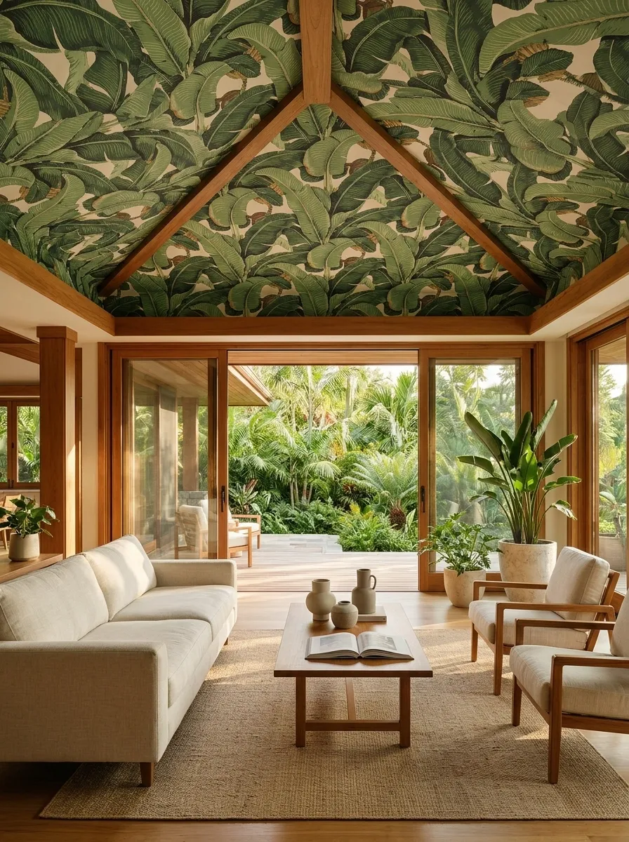 Tropical Leaf Ceiling in a Relaxed Indoor-Outdoor Living Room