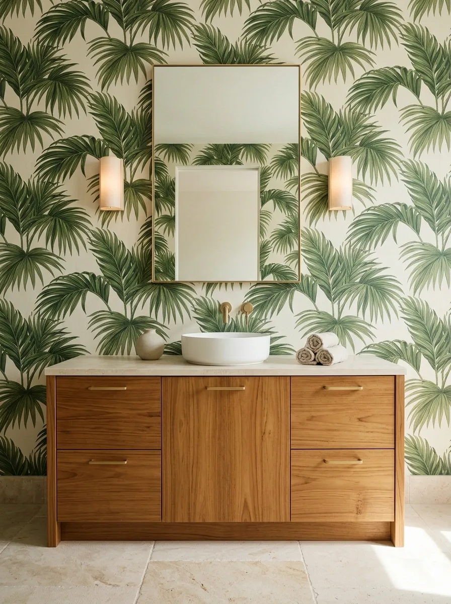 Tropical Palm Wallpaper With Natural Wood and Stone