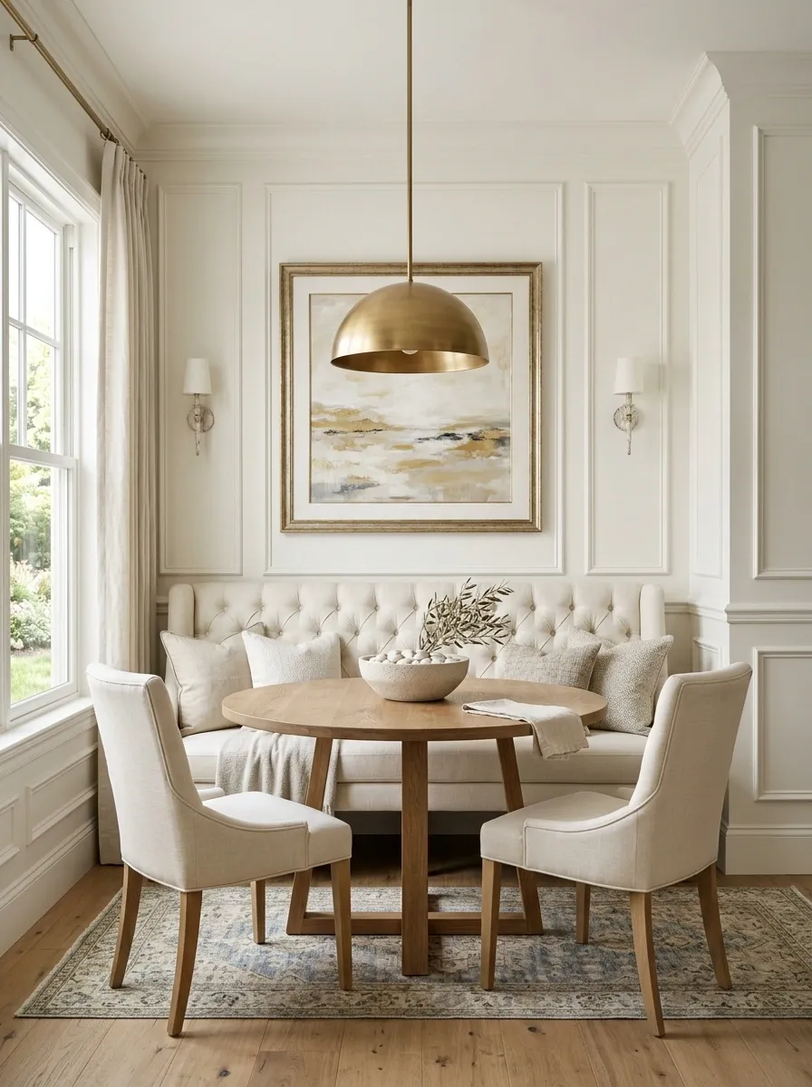 Tufted Ivory Banquette With Round Table and Classic Trim