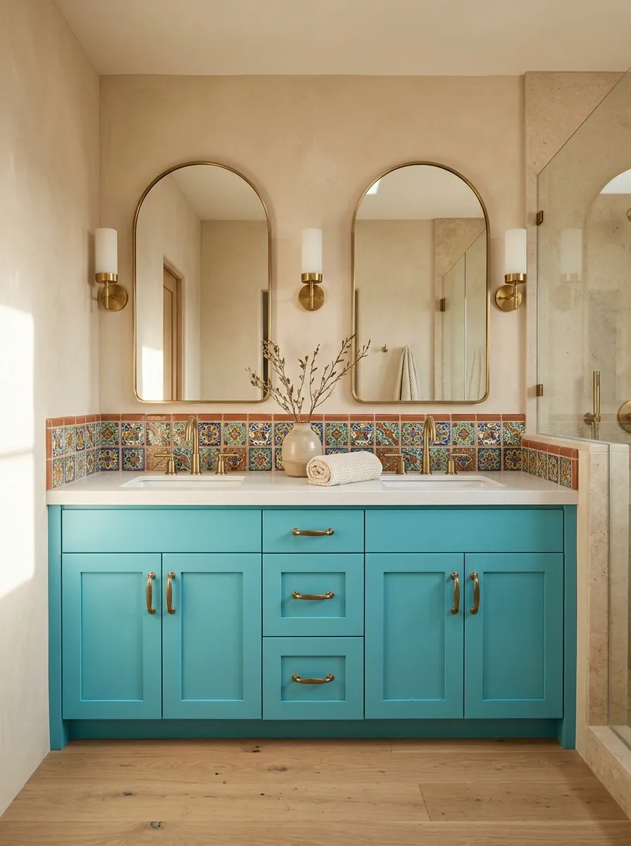 Turquoise and Sand Bathroom With a Patterned Vanity Wall