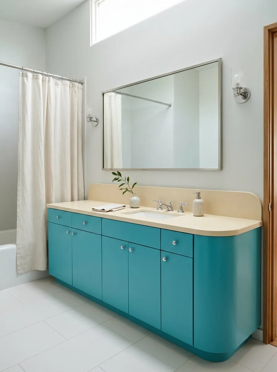 Turquoise Bathroom With a Long Counter and Rounded Cabinet Ends