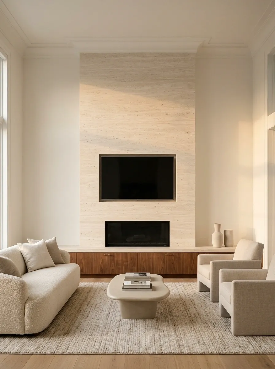 TV Above a Fireplace With a Balanced Stone Surround