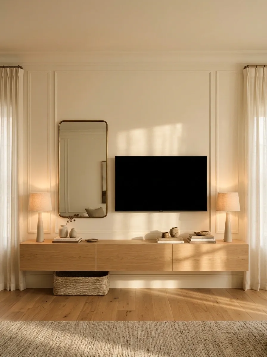 TV Wall With an Oversized Mirror and Reflective Accents