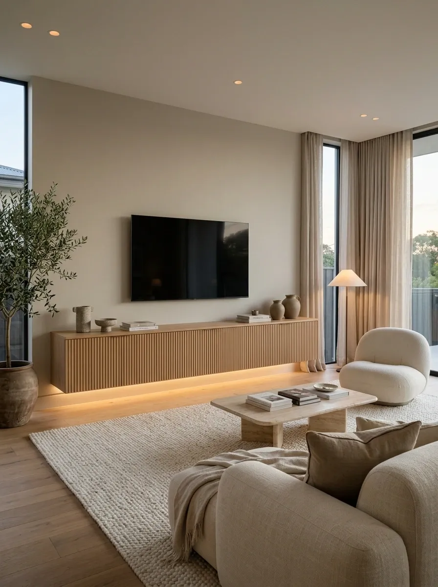 TV Wall With Fluted Cabinetry and Soft Indirect Light