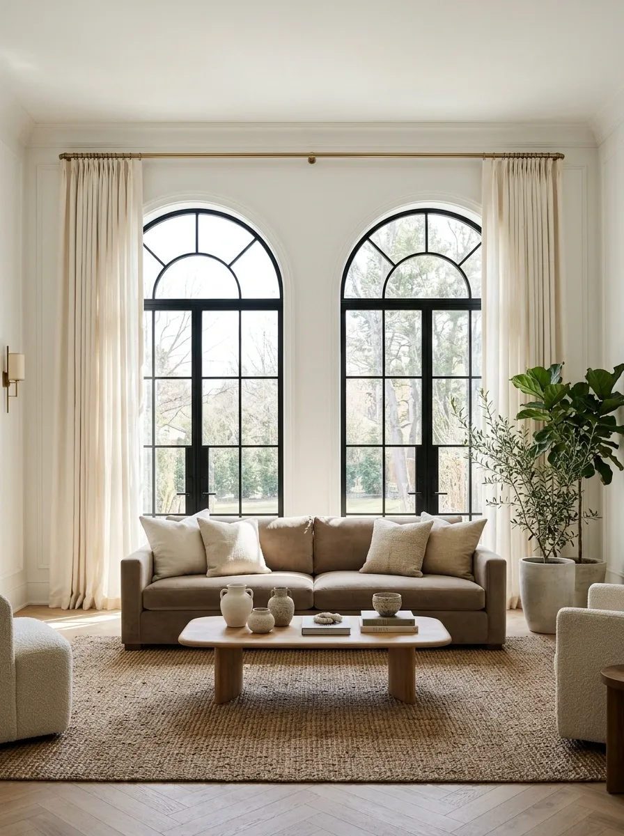 Twin Arched Windows With a Shared Curtain Pole