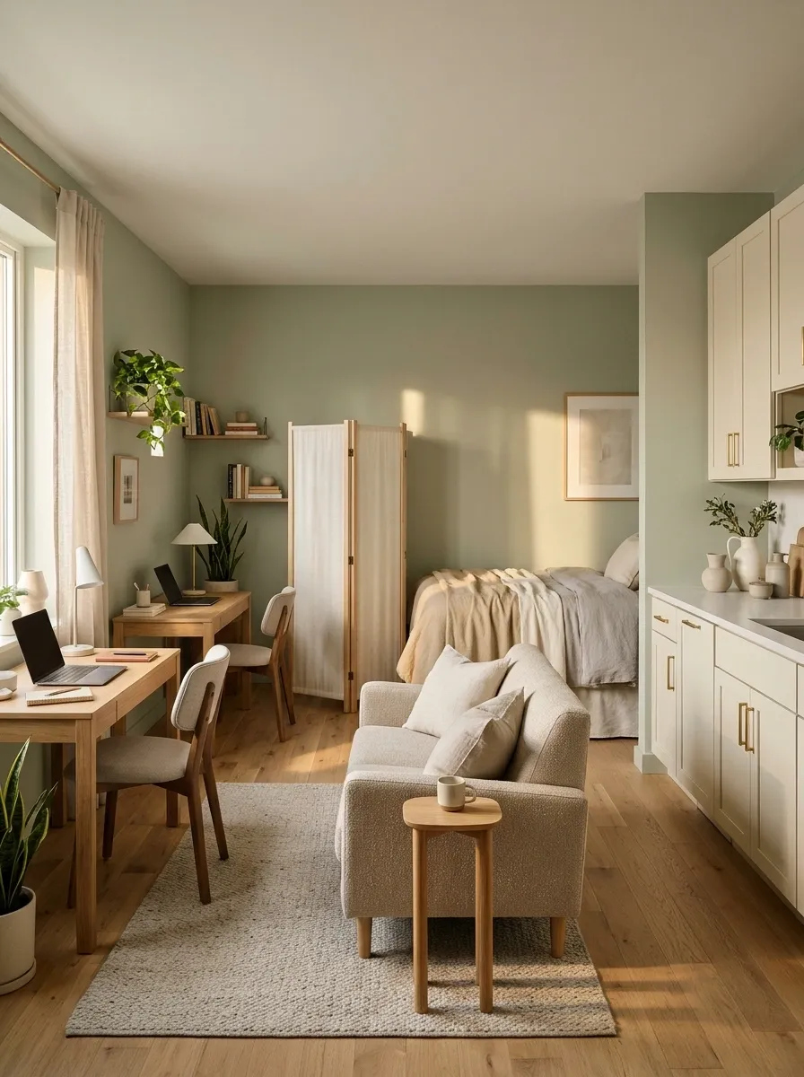 Two-Person Studio With Twin Workstations and a Screened Bed