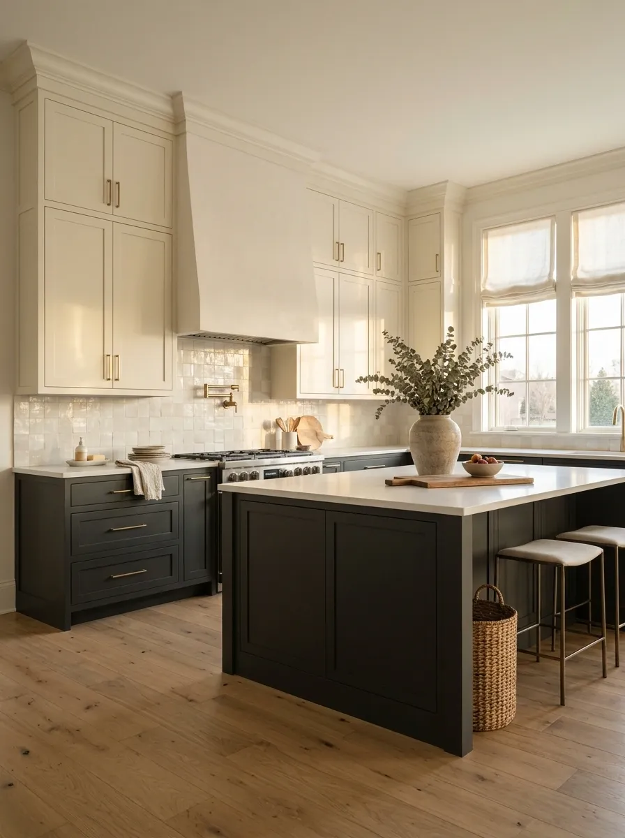 Two-Tone Kitchen With Dark Lower Cabinets and Light Uppers