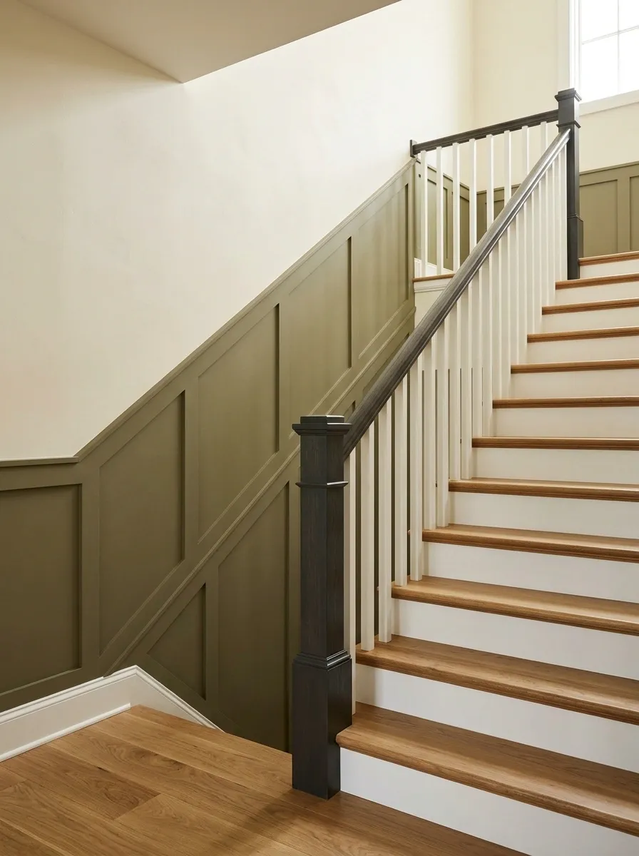 Two-Tone Staircase With Olive Lower Panels and Cream Upper Walls