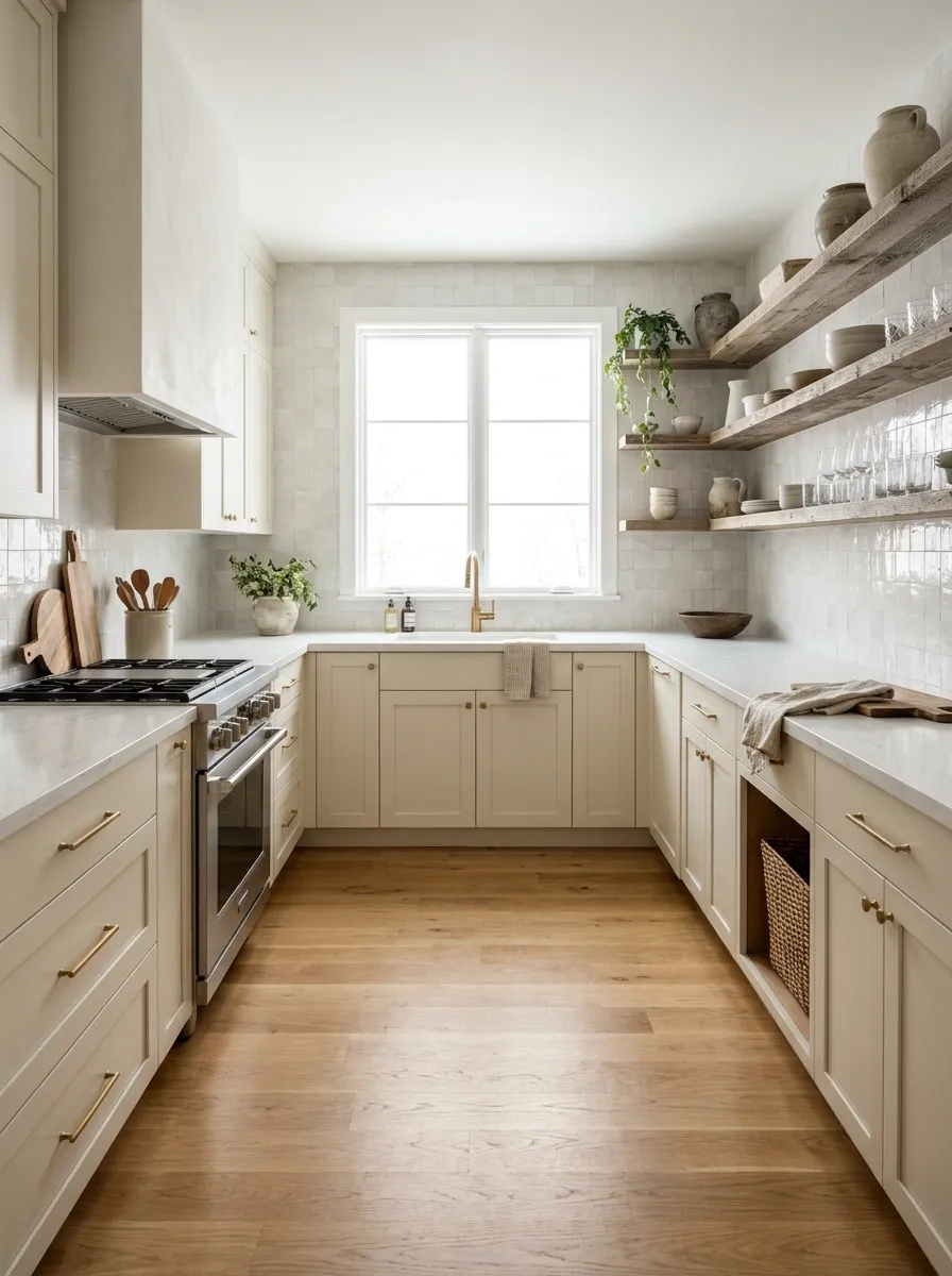 U-Shaped Kitchen With Open Upper Shelves and a Bright Center